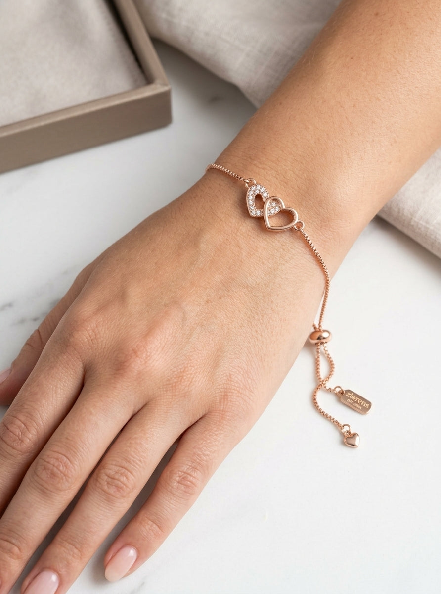 Ziarens Rose Gold Interlocking Double Heart Adjustable Bracelet