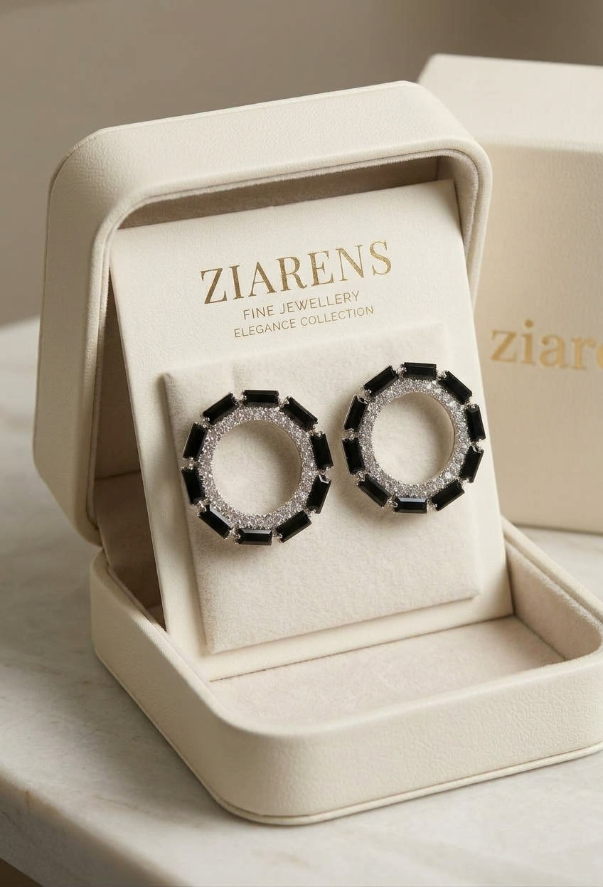Ziarens Elegant Jet Black Crystal Circular Stud Earrings