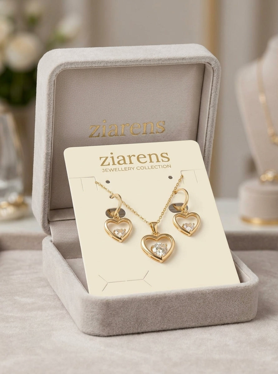 Ziarens Gold Plated Heart Crystal Pendant Necklace & Earrings Set