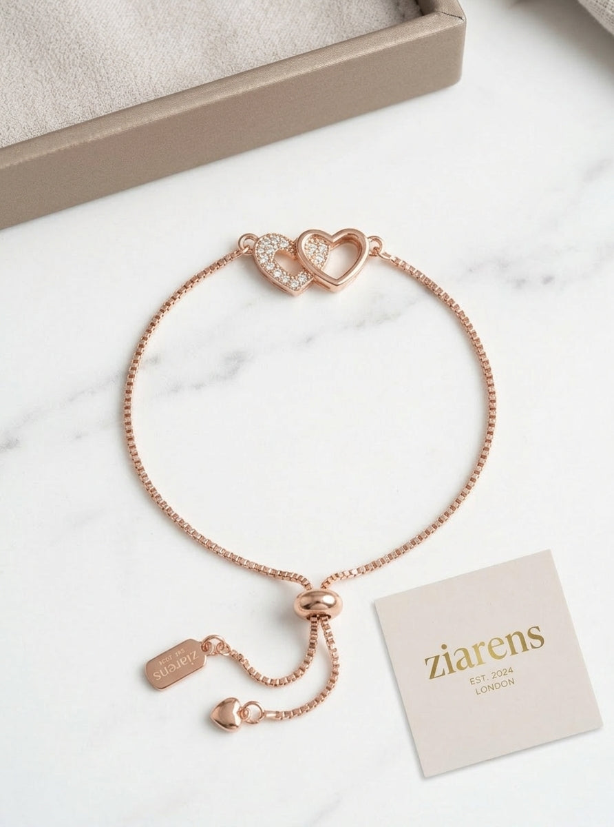 Ziarens Rose Gold Interlocking Double Heart Adjustable Bracelet