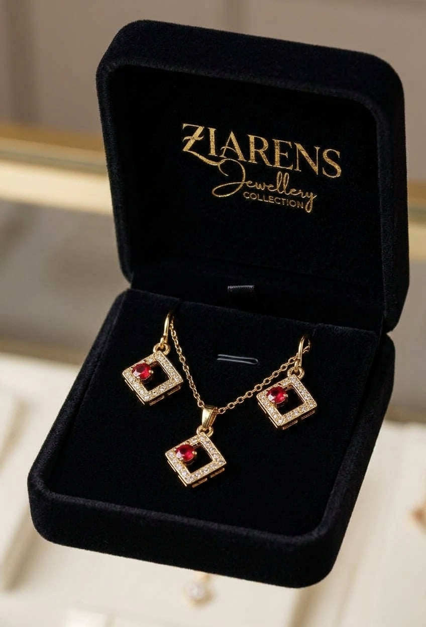 Ziarens Gold Plated Square Ruby Red Crystal Pendant Necklace & Earrings Set