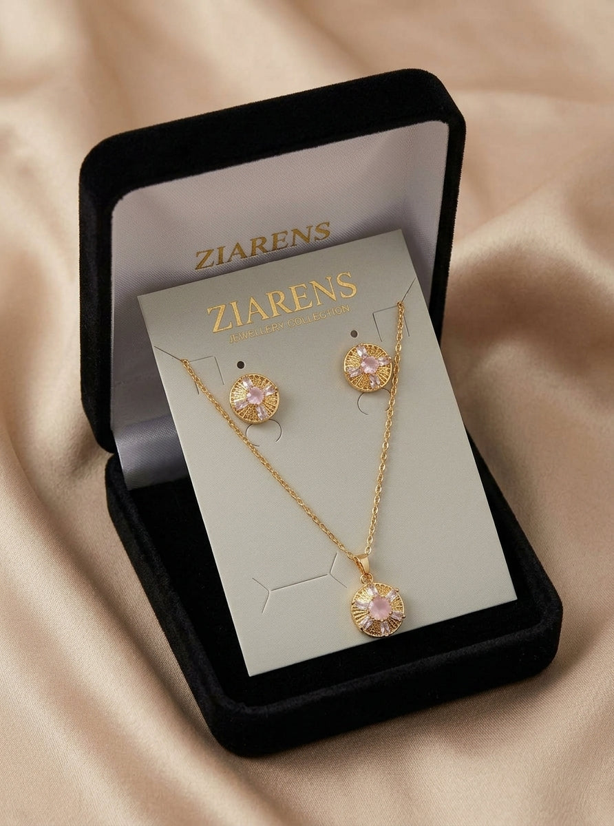 Ziarens Gold Plated Round Pink Crystal Pendant Necklace & Studs Set