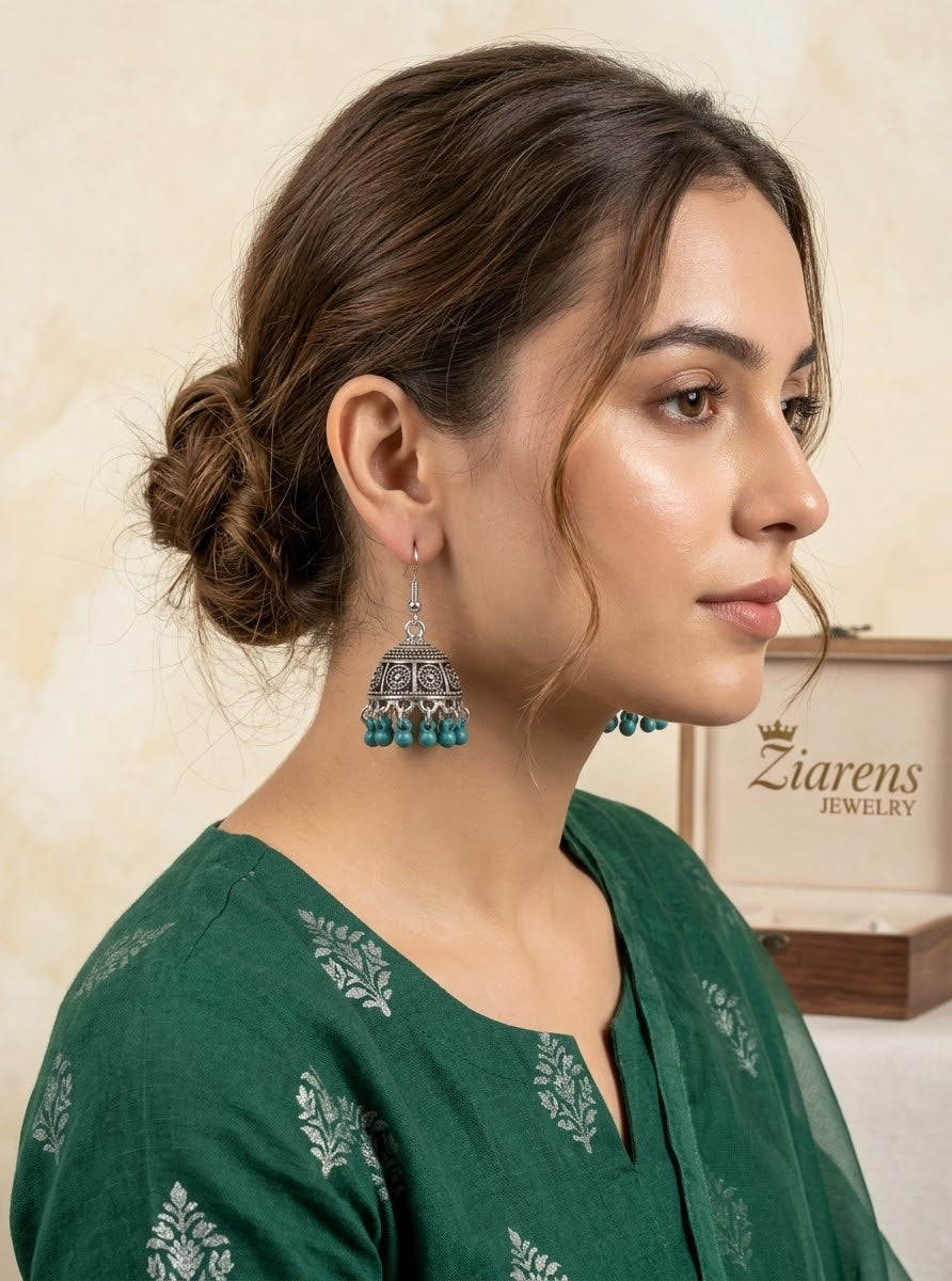 Ziarens Antique Oxidized Silver Jhumka Earrings with Turquoise Beads