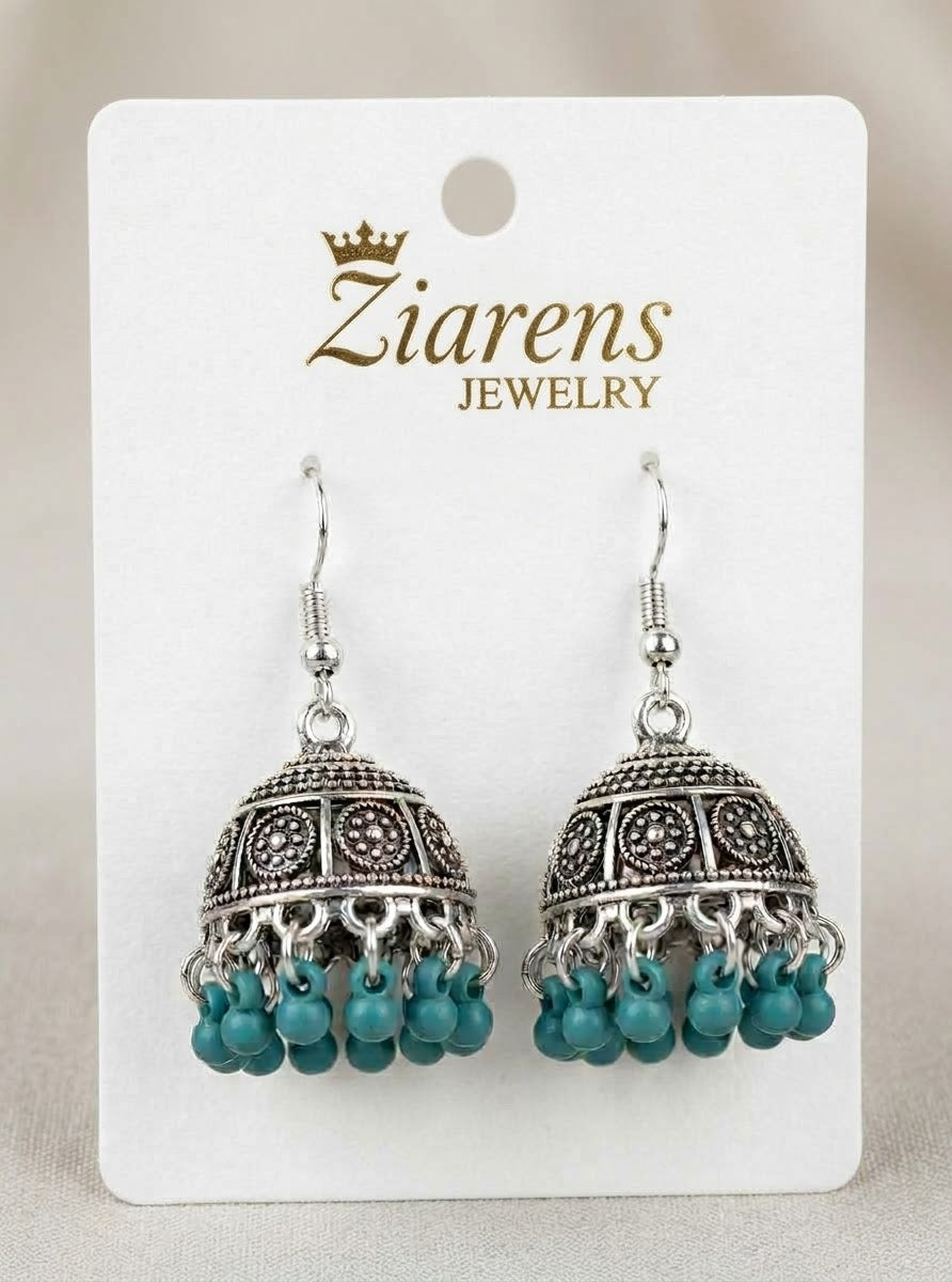 Ziarens Antique Oxidized Silver Jhumka Earrings with Turquoise Beads