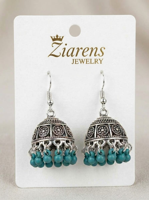 Ziarens Antique Oxidized Silver Jhumka Earrings with Turquoise Beads