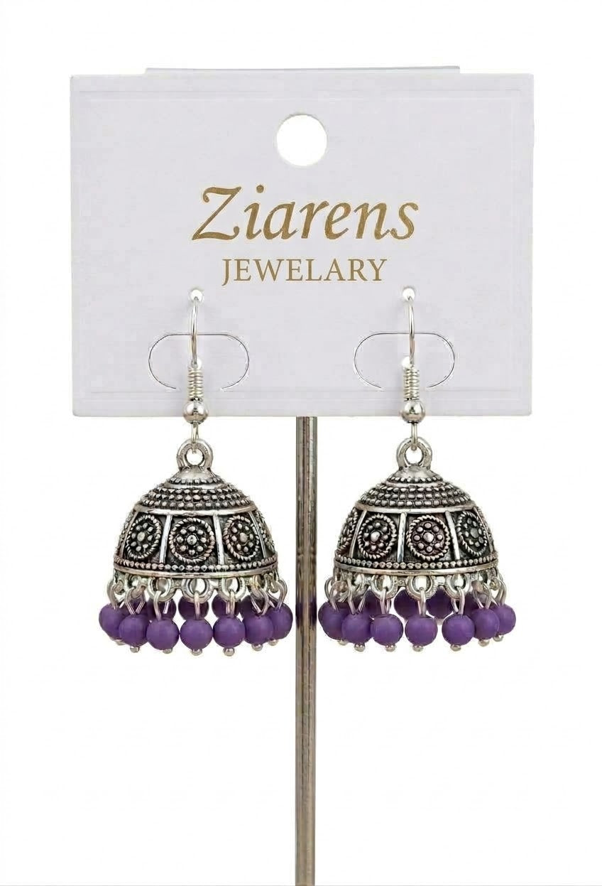 Ziarens Antique Oxidized Silver Jhumka Earrings with Purple Beads
