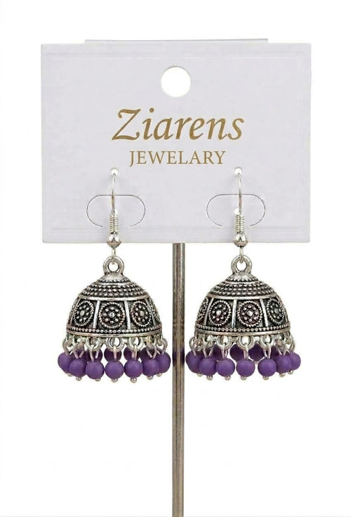 Ziarens Antique Oxidized Silver Jhumka Earrings with Purple Beads