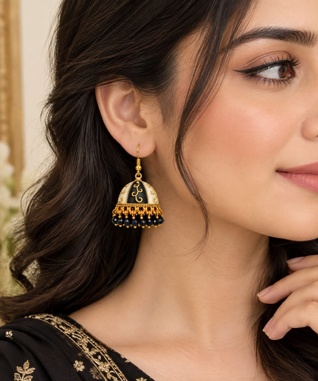 Ziarens Traditional Gold Plated Black & Off-White Meenakari Jhumka Earrings