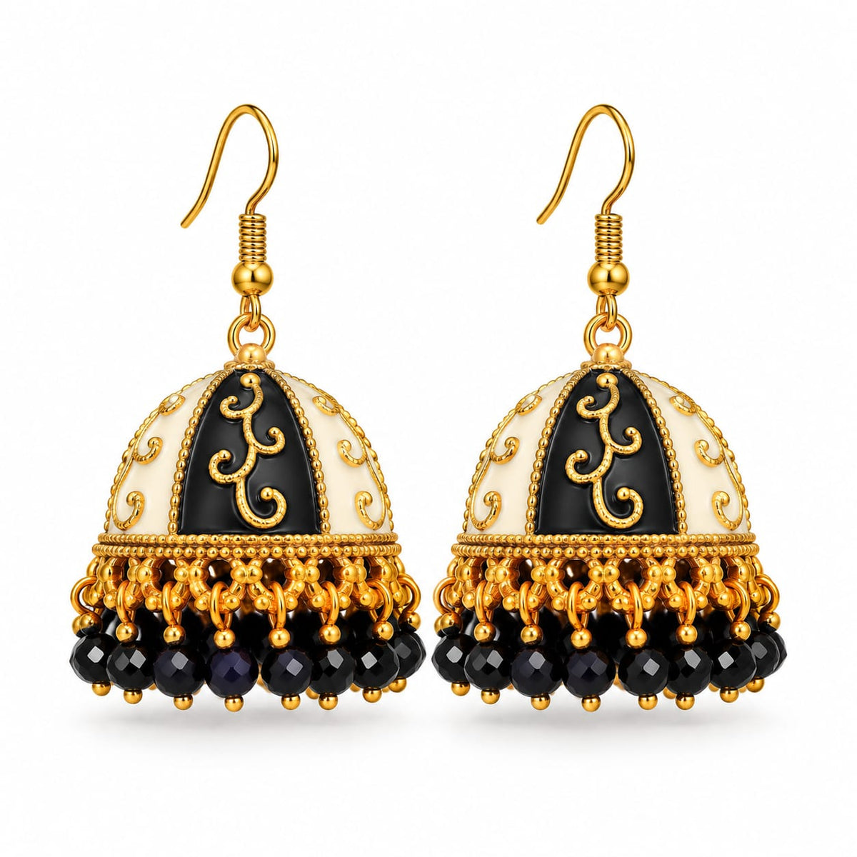 Ziarens Traditional Gold Plated Black & Off-White Meenakari Jhumka Earrings