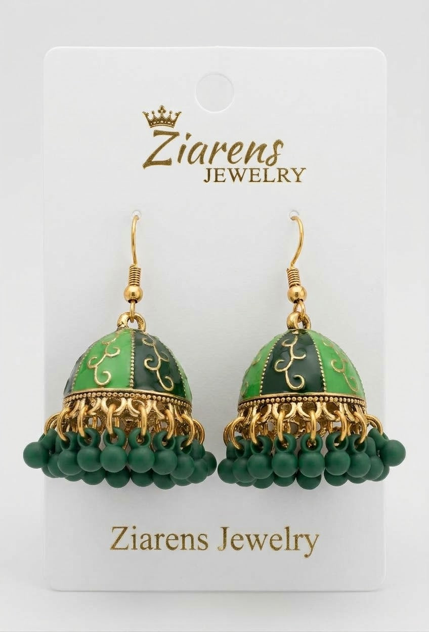 Ziarens Traditional Gold Plated Green Meenakari Jhumka Earrings with Beads