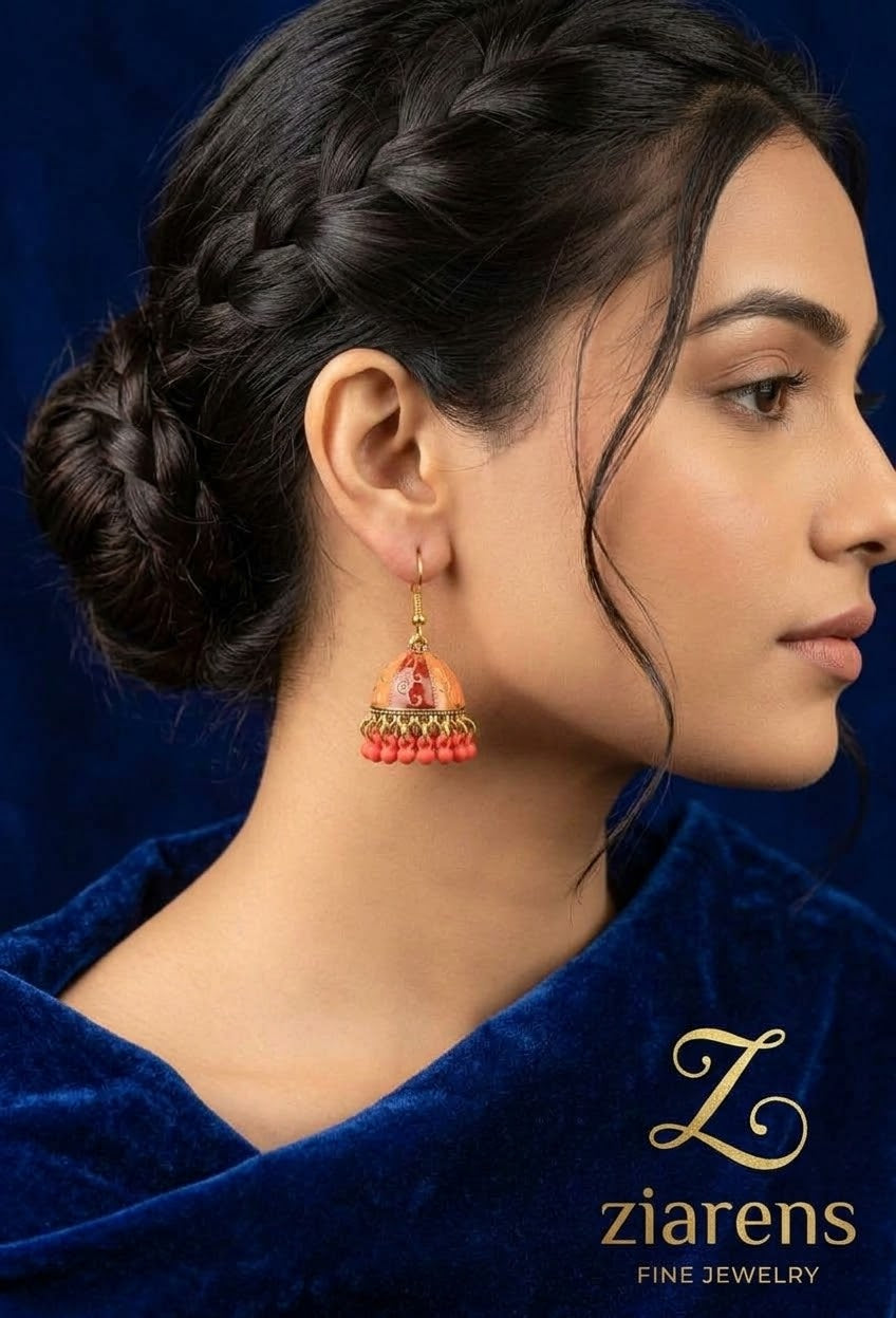 Ziarens Traditional Gold Plated Red & Orange Meenakari Jhumka Earrings