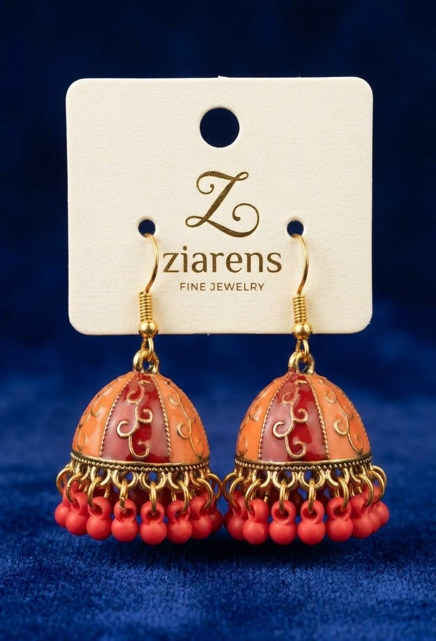 Ziarens Traditional Gold Plated Red & Orange Meenakari Jhumka Earrings