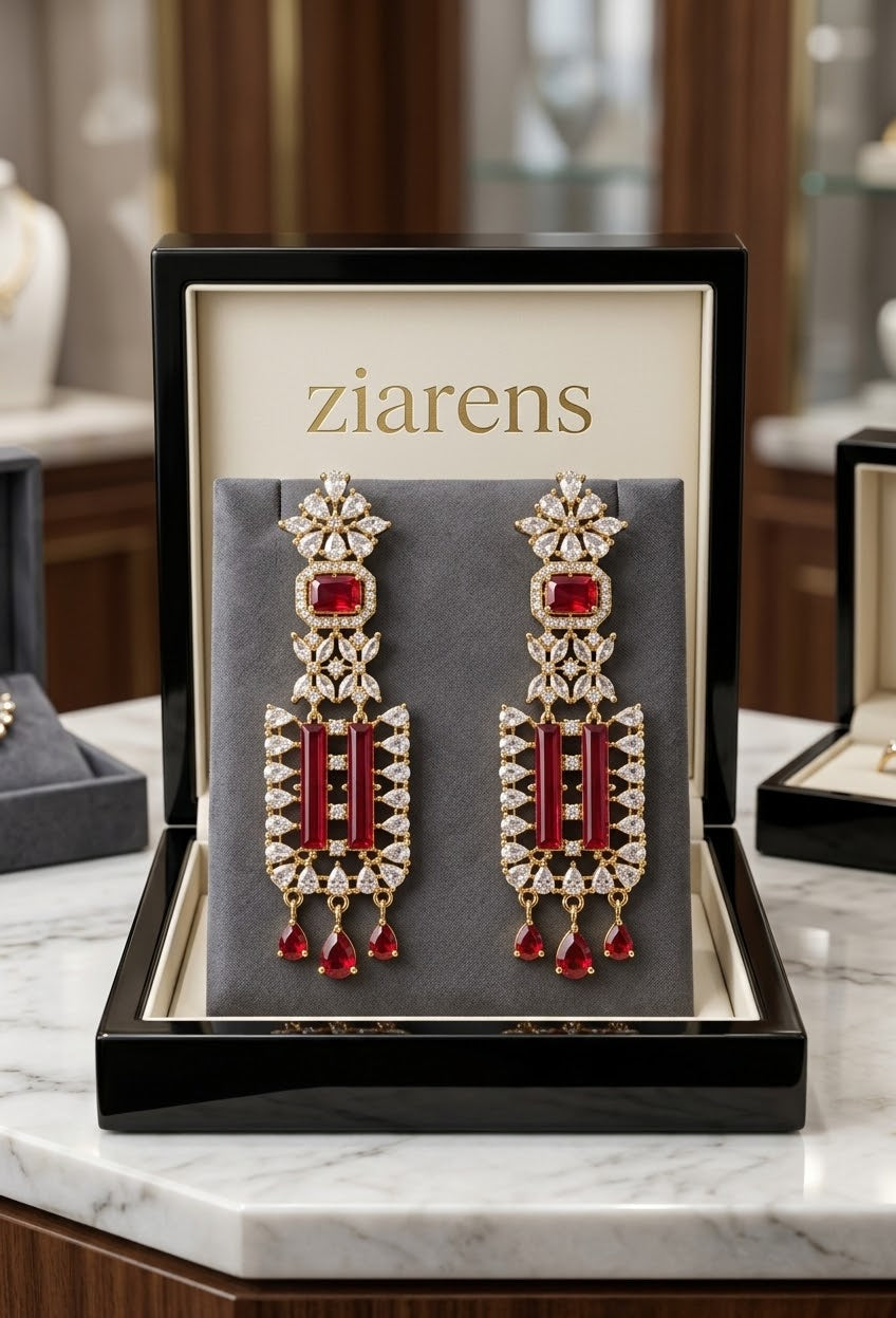 Ziarens Luxury Red Ruby Crystal Statement Dangle Earrings
