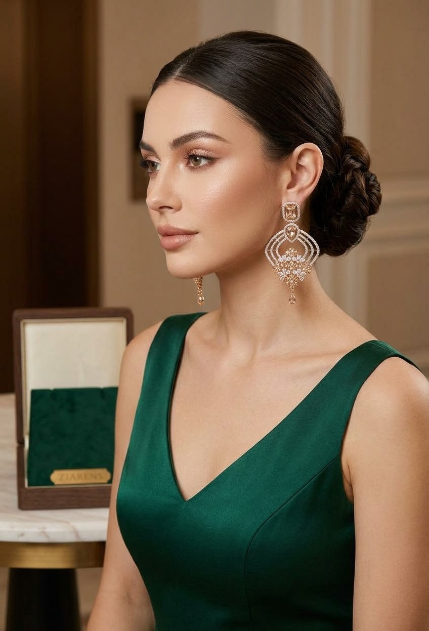 Ziarens Luxury Champagne Crystal Statement Chandelier Earrings