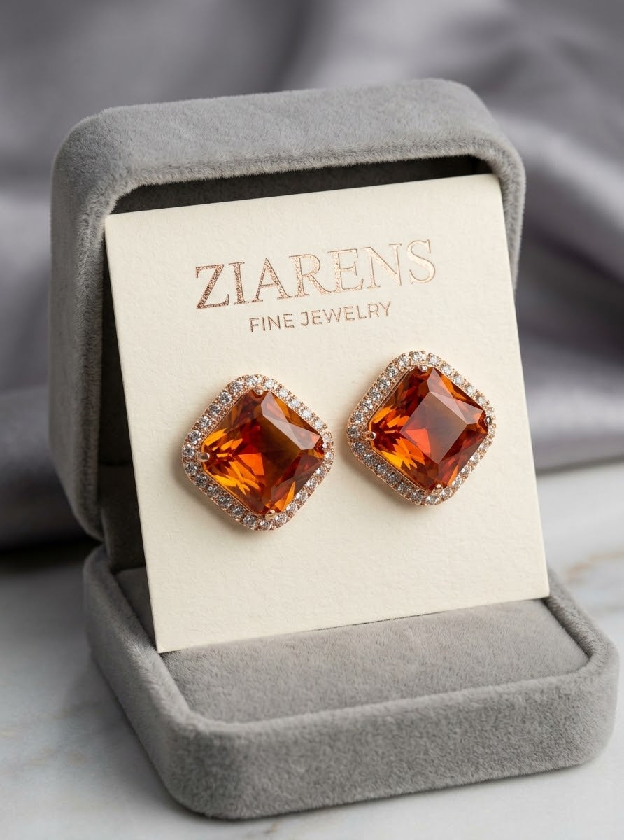 Ziarens Elegant Amber Orange Crystal Stud Earrings with Zircon Halo
