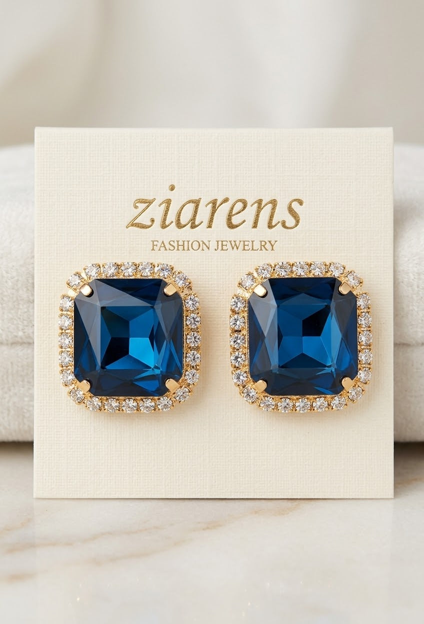 Ziarens Elegant Royal Blue Crystal Stud Earrings with Zircon Halo