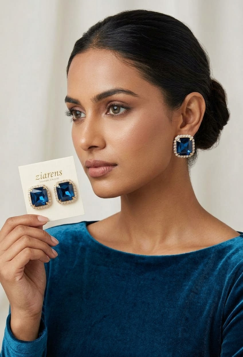 Ziarens Elegant Royal Blue Crystal Stud Earrings with Zircon Halo