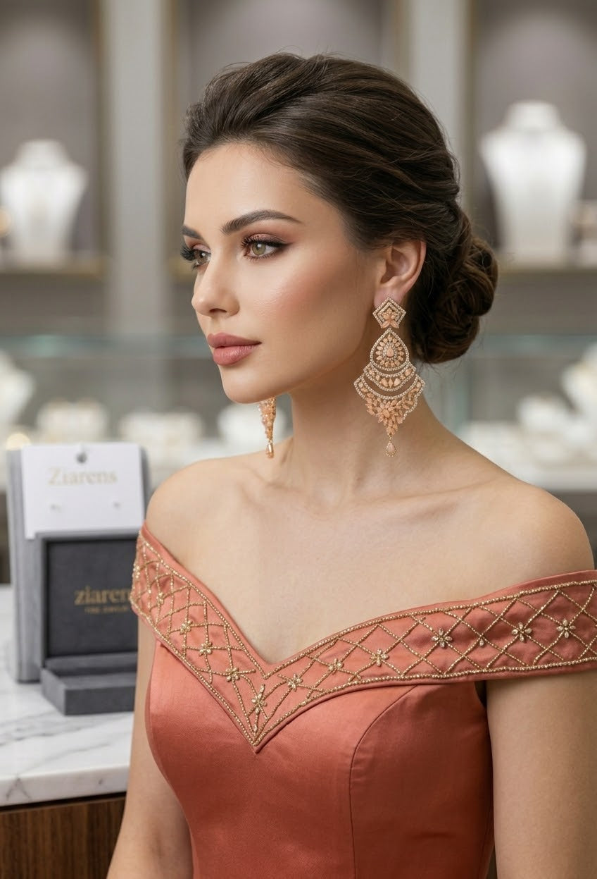 Ziarens Luxury Peach Crystal Tiered Chandelier Earrings for Women