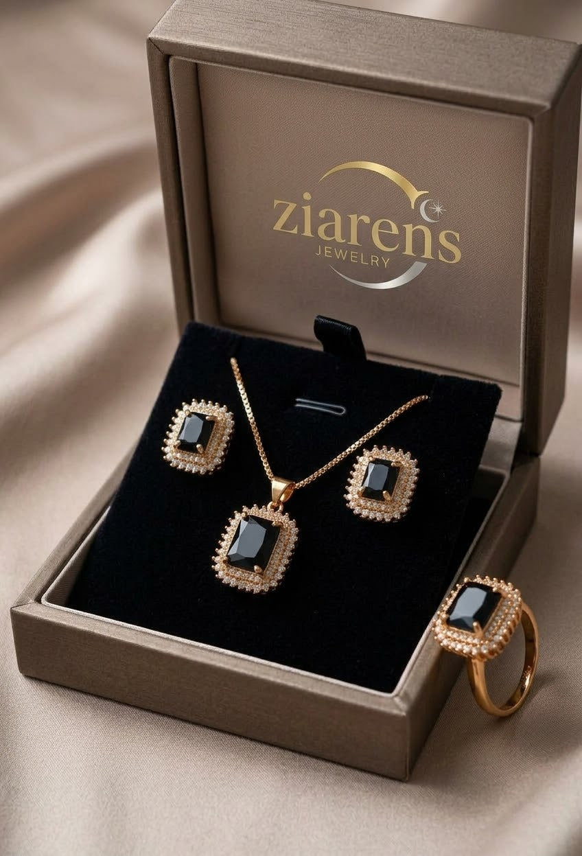 Ziarens Gold Plated Jet Black Crystal Necklace, Earrings & Ring Jewelry Set