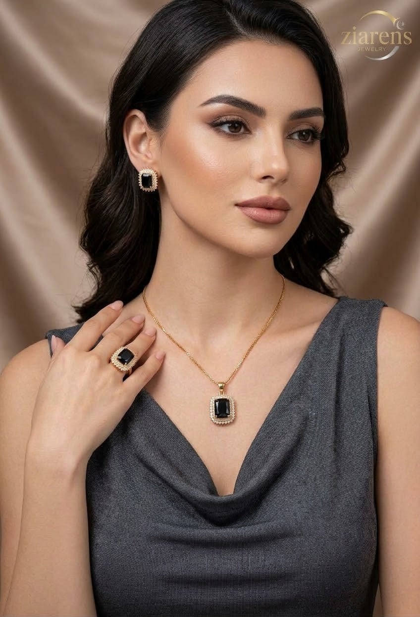 Ziarens Gold Plated Jet Black Crystal Necklace, Earrings & Ring Jewelry Set