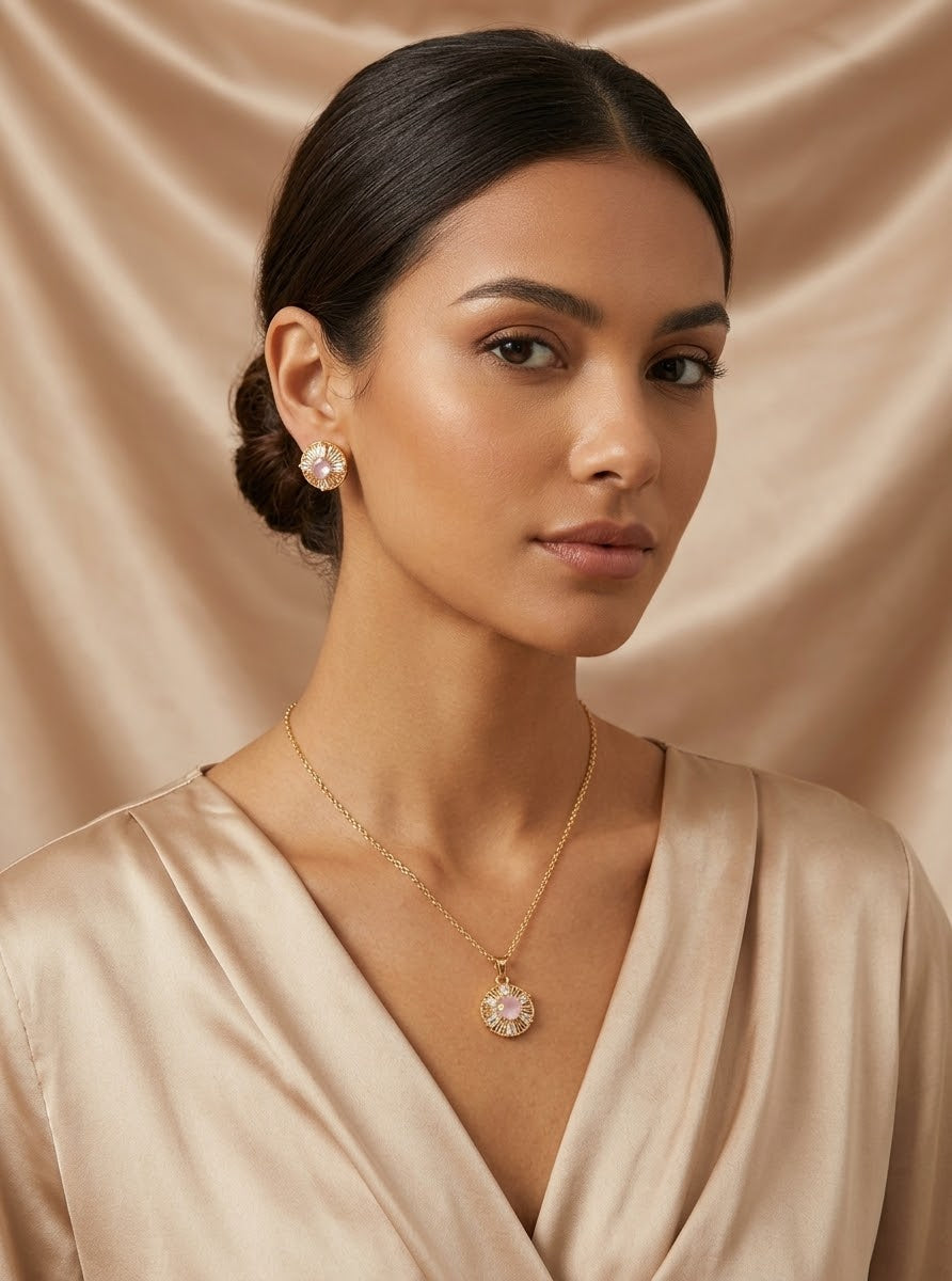 Ziarens Gold Plated Round Pink Crystal Pendant Necklace & Studs Set