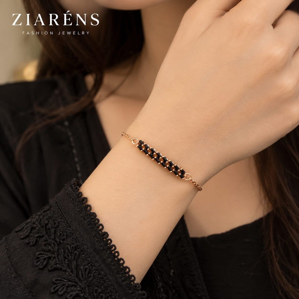 Ziarens Rose Gold Jet Black Baguette Crystal Adjustable Bracelet
