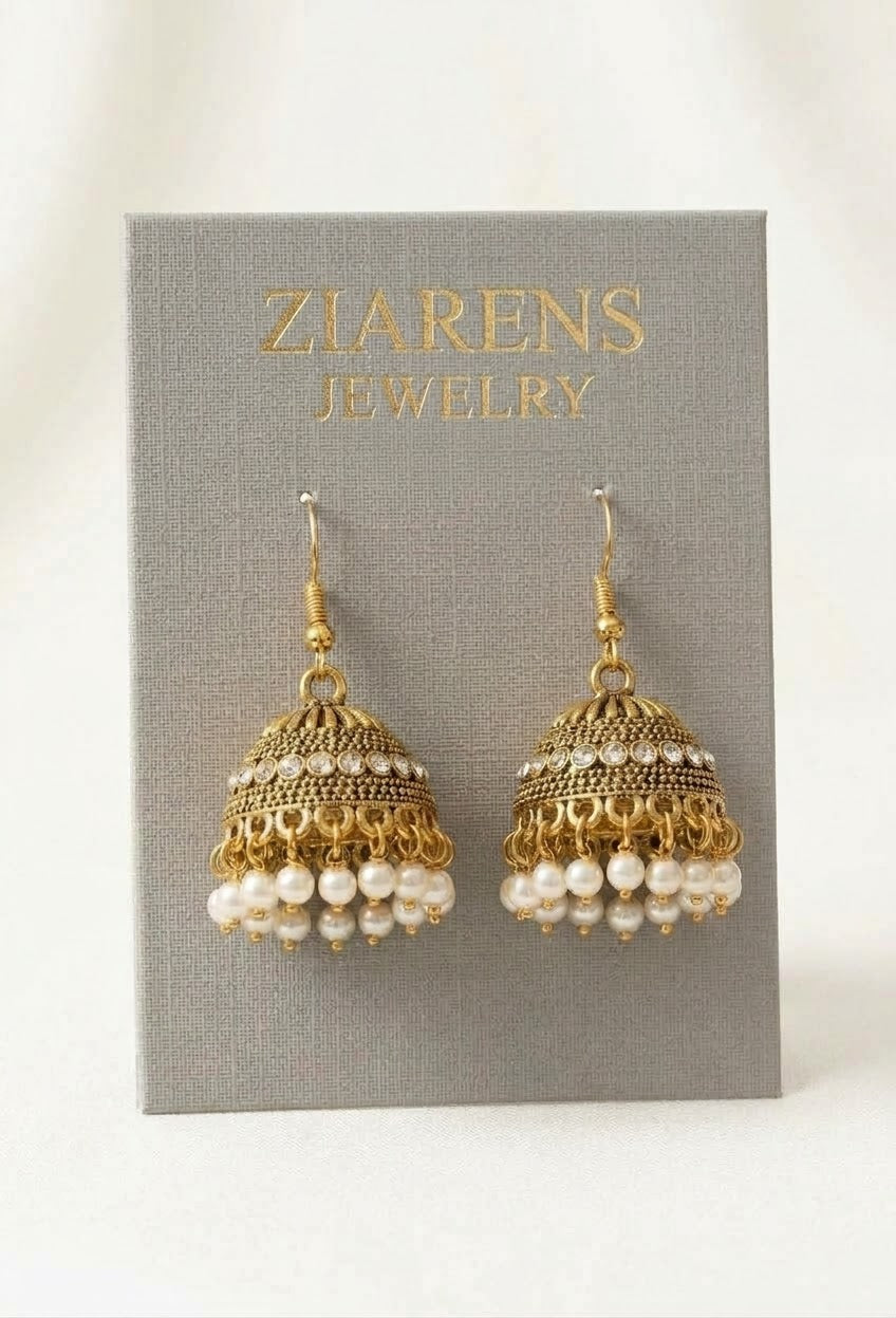 Ziarens Antique Gold Jhumka Earrings with White Pearls and Crystals