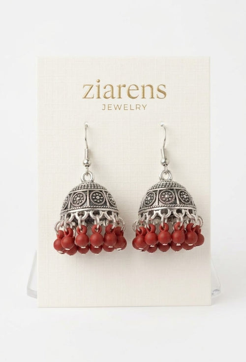 Ziarens Antique Oxidized Silver Jhumka Earrings with Red Beads