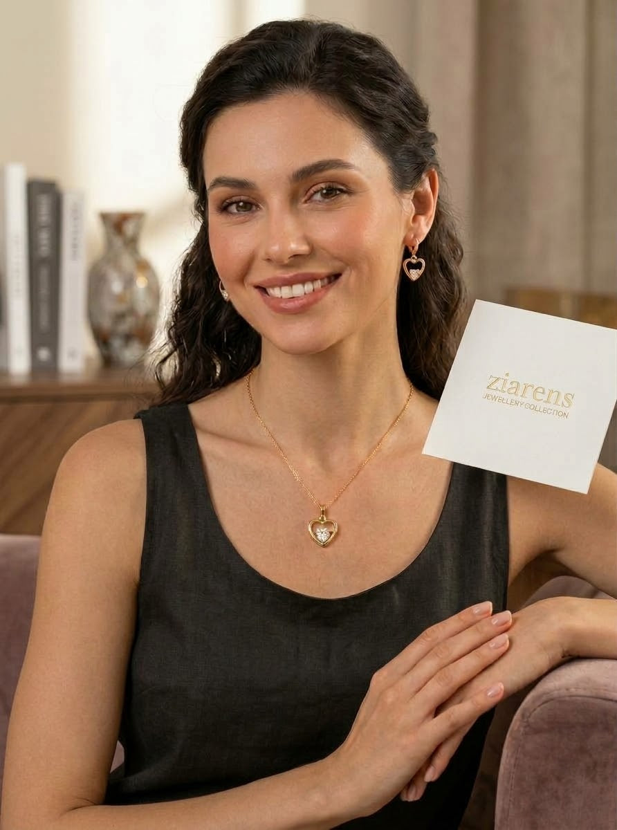Ziarens Gold Plated Heart Crystal Pendant Necklace & Earrings Set