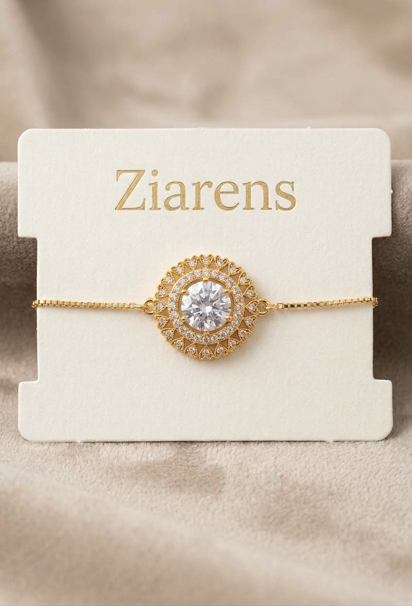 Ziarens Gold Plated Solitaire Crystal Round Halo Adjustable Bracelet